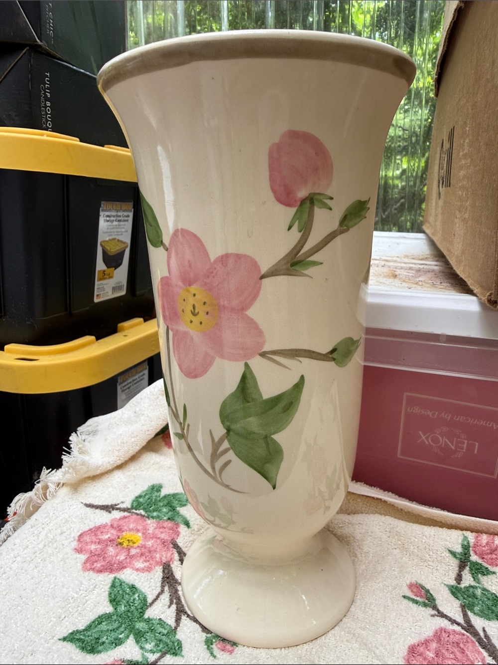 Desert Rose by Franciscan Cream Ceramic Vase with Pink Floral Motif